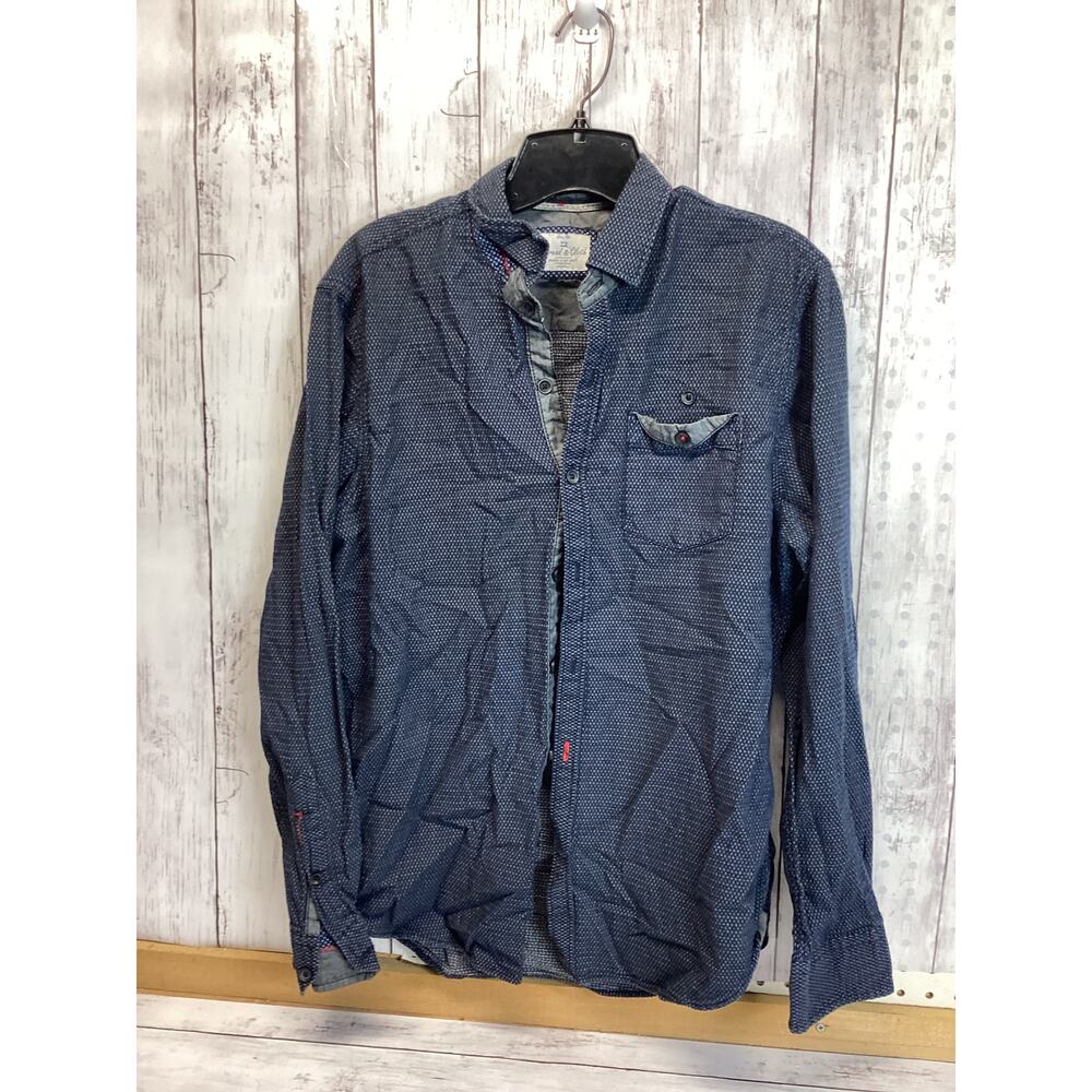 Thread And Cloth Men Shirt Medium Blue Printed Cotton Long Sleeve Button Up